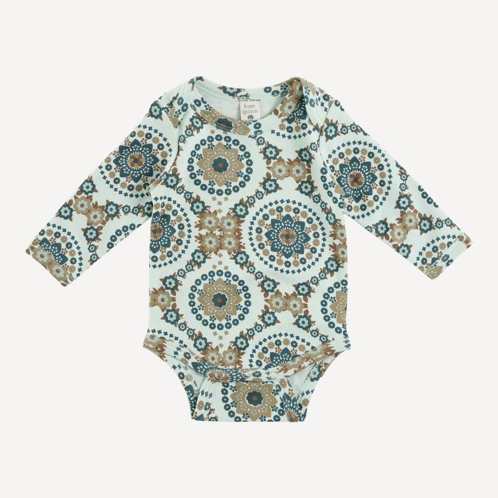 NWT 18-24M Kate Quinn Long Sleeve Lap neck Bodysuit 70s blue floral wallpaper